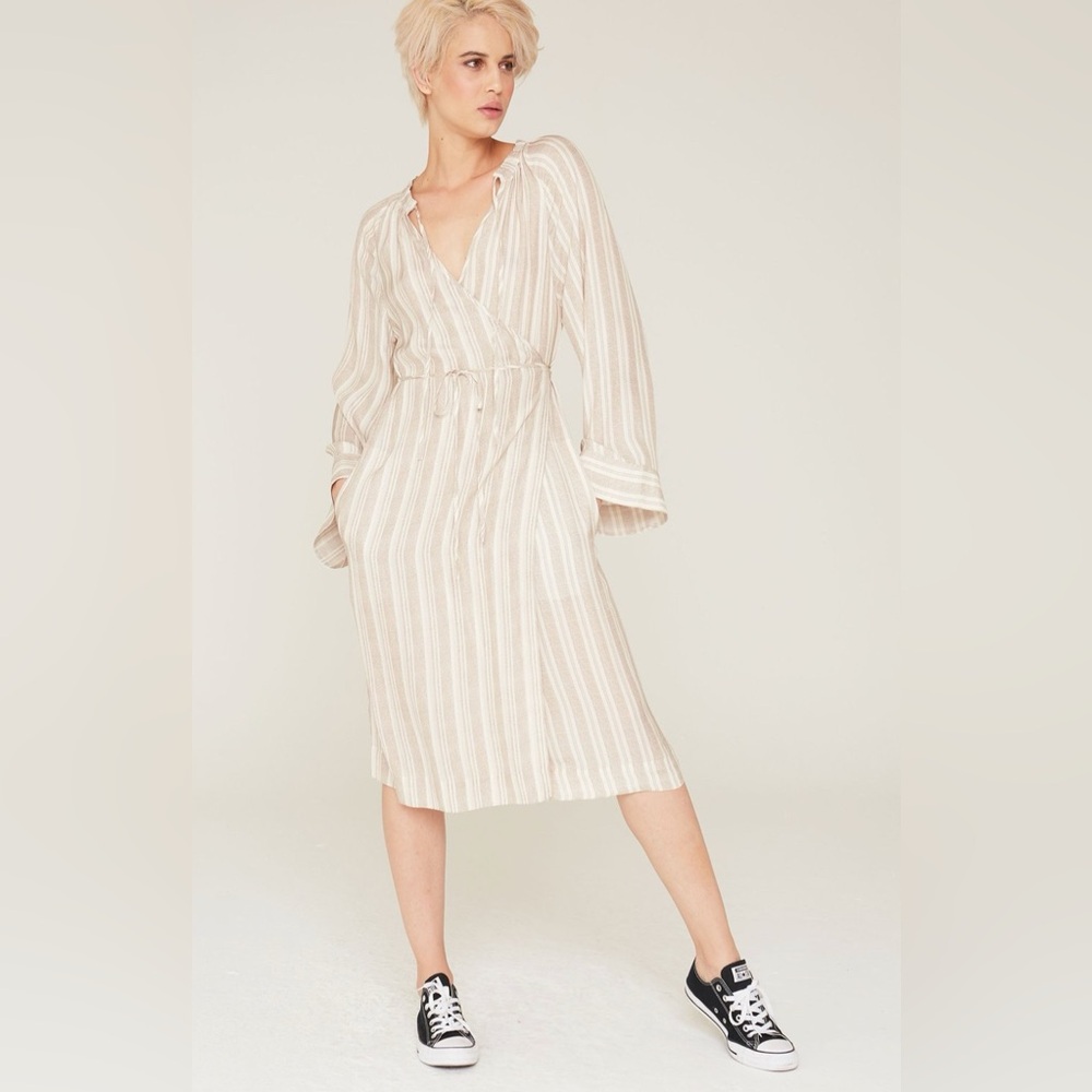 La Boheme Margo Silk Charmeuse Wrap Tunic Dress in Pumice Stripe NWT